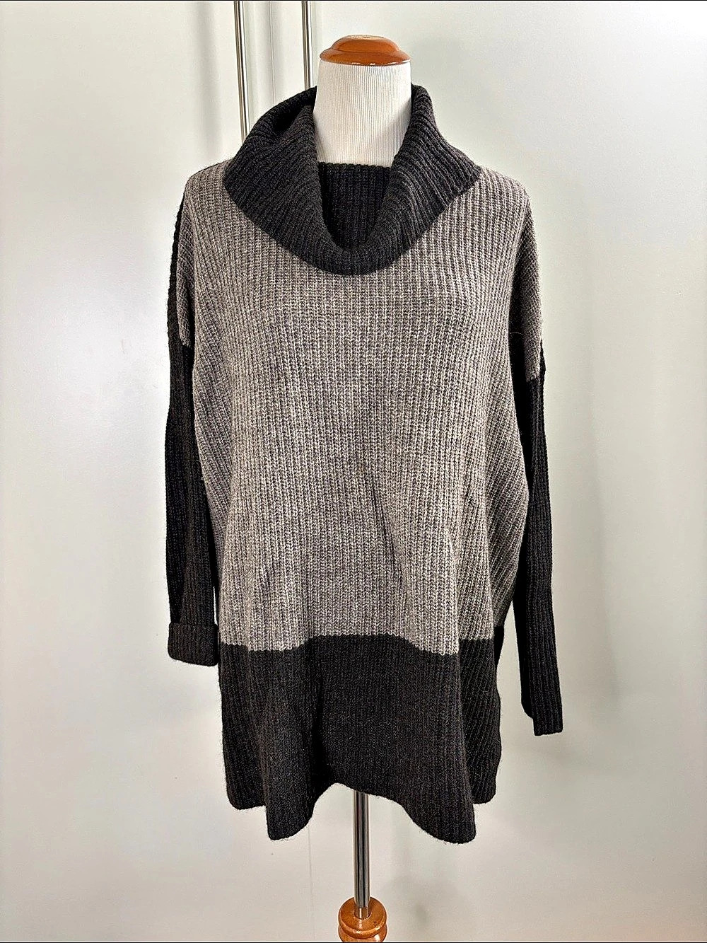 Eileen Fisher Color Block Cowl Neck Yak Wool Sweater Size XL